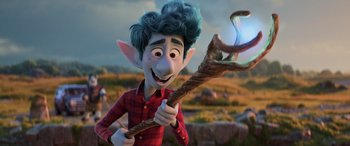 Movie still from “Onward” (2020), directed by Dan Scanlon – An image of an animated character holding a stick; Medium shot, Over the shoulder angle