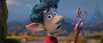 Movie still from “Onward” (2020), directed by Dan Scanlon – An image of an animated character with blue hair; Close Up shot, Over the shoulder angle