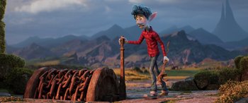 Movie still from “Onward” (2020), directed by Dan Scanlon – An animated character stands next to a pile of chains; Wide shot, Over the shoulder angle