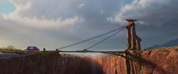 Movie still from “Onward” (2020), directed by Dan Scanlon – A view of a suspension bridge over a canyon; Extreme Wide shot, Low angle