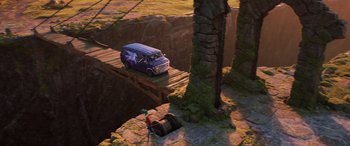 Movie still from “Onward” (2020), directed by Dan Scanlon – A blue van is crossing a bridge over a river; Extreme Wide shot, High angle