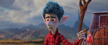 Movie still from “Onward” (2020), directed by Dan Scanlon – An image of an animated character with blue hair; Medium shot, Over the shoulder angle