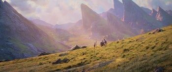 Movie still from “Onward” (2020), directed by Dan Scanlon – A group of people standing on top of a grass covered hill; Extreme Wide shot, High angle