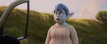 Movie still from “Onward” (2020), directed by Dan Scanlon – An image of an animated character in a field; Medium shot, Over the shoulder angle