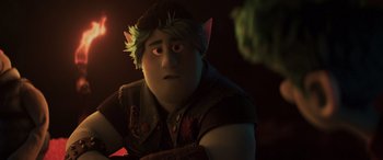 Movie still from “Onward” (2020), directed by Dan Scanlon – A character from the animated movie , how to train your dragon; Close Up shot, Over the shoulder angle