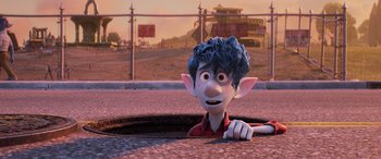 Movie still from “Onward” (2020), directed by Dan Scanlon – An animated character is looking out of a hole in the ground; Medium shot, Over the shoulder angle