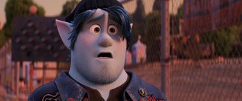 Movie still from “Onward” (2020), directed by Dan Scanlon – An image of an animated character looking surprised; Close Up shot, Over the shoulder angle