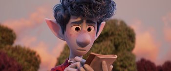 Movie still from “Onward” (2020), directed by Dan Scanlon – An image of an animated character holding a book; Close Up shot, Over the shoulder angle