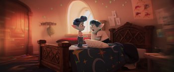 Movie still from “Onward” (2020), directed by Dan Scanlon – A couple of people sitting on top of a bed; Wide shot, Over the shoulder angle