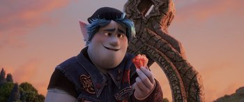 Movie still from “Onward” (2020), directed by Dan Scanlon – An image of an animated character eating a piece of pizza; Close Up shot, Over the shoulder angle