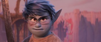 Movie still from “Onward” (2020), directed by Dan Scanlon – An image of an animated character wearing glasses; Close Up shot, Over the shoulder angle
