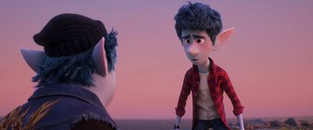 Movie still from “Onward” (2020), directed by Dan Scanlon – Two animated characters looking at each other in front of a sunset; Medium shot, Over the shoulder angle