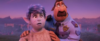 Movie still from “Onward” (2020), directed by Dan Scanlon – A man and a woman are standing next to each other; Close Up shot, Over the shoulder angle