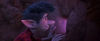 Movie still from “Onward” (2020), directed by Dan Scanlon – An image of an animated character looking at a rock wall; Medium shot, Over the shoulder angle