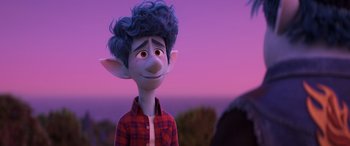 Movie still from “Onward” (2020), directed by Dan Scanlon – An image of an animated character with blue hair; Medium shot, Over the shoulder angle