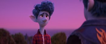 Movie still from “Onward” (2020), directed by Dan Scanlon – A person with blue hair is standing in front of a purple sky; Medium shot, Over the shoulder angle