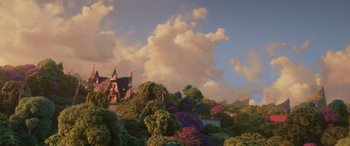 Movie still from “Onward” (2020), directed by Dan Scanlon – A house with a bunch of trees in front of it; Extreme Wide shot, Low angle