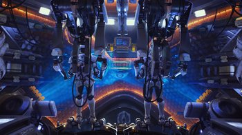 Movie still from “Pacific Rim” (2013), directed by Guillermo del Toro – A group of people standing next to each other in a room; Extreme Wide shot, Overhead angle