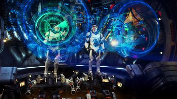 Movie still from “Pacific Rim” (2013), directed by Guillermo del Toro – A man standing in front of a wall with a clock; Wide shot, Low angle