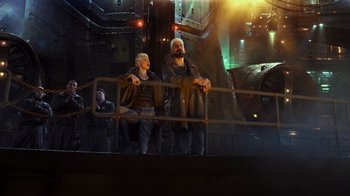 Movie still from “Pacific Rim” (2013), directed by Guillermo del Toro – A couple of people standing next to each other on a bridge; Wide shot, Low angle