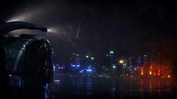 Movie still from “Pacific Rim” (2013), directed by Guillermo del Toro – A night view of a city with lights on; Extreme Wide shot, Low angle
