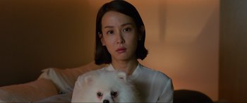 Movie still from “Parasite” (2019), directed by Bong Joon Ho – A woman holding a dog in her arms; Close Up shot, Over the shoulder angle