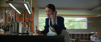 Movie still from “Parasite” (2019), directed by Bong Joon Ho – A woman in an apron is talking on a cell phone; Medium shot, Low angle