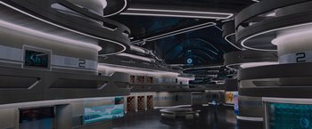 Movie still from “Passengers” (2016), directed by Morten Tyldum – An empty room with many lights on the ceiling; Extreme Wide shot, High angle