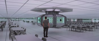 Movie still from “Passengers” (2016), directed by Morten Tyldum – A man standing in front of a room that has tables , chairs , and lights; Wide shot, Over the shoulder angle