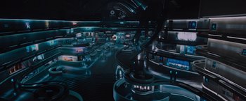 Movie still from “Passengers” (2016), directed by Morten Tyldum – A large room with a lot of tables and chairs; Extreme Wide shot, High angle