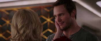 Movie still from “Passengers” (2016), directed by Morten Tyldum – A man and a woman looking at one another; Close Up shot, Over the shoulder angle