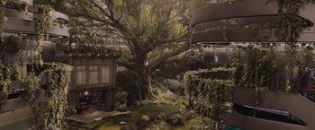 Movie still from “Passengers” (2016), directed by Morten Tyldum – A tree in the middle of a lush green garden; Extreme Wide shot, Overhead angle