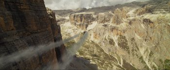 Movie still from “Pathaan” (2023), directed by Siddharth Anand – A view of a mountain range from a helicopter; Extreme Wide shot, High angle