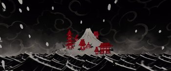 Movie still from “Paws of Fury: The Legend of Hank” (2022), directed by Chris Bailey – A painting of a mountain with a red pagoda on it; Extreme Wide shot, High angle