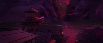 Movie still from “Paws of Fury: The Legend of Hank” (2022), directed by Chris Bailey – An image of an animated scene with a mountain in the background; Extreme Wide shot, High angle