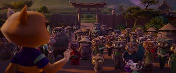 Movie still from “Paws of Fury: The Legend of Hank” (2022), directed by Chris Bailey – A crowd of people standing in front of a gate; Wide shot, High angle