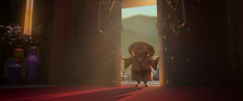 Movie still from “Paws of Fury: The Legend of Hank” (2022), directed by Chris Bailey – A cartoon character standing in front of an open door; Wide shot, Low angle
