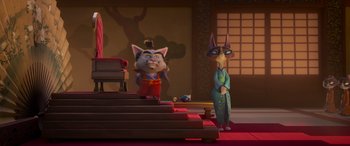 Movie still from “Paws of Fury: The Legend of Hank” (2022), directed by Chris Bailey – Two cartoon characters standing next to each other; Wide shot, Low angle