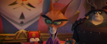 Movie still from “Paws of Fury: The Legend of Hank” (2022), directed by Chris Bailey – An animated cat with green eyes and a purple jacket; Close Up shot, Over the shoulder angle