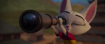 Movie still from “Paws of Fury: The Legend of Hank” (2022), directed by Chris Bailey – A bunny rabbit looking through a large telescope; Close Up shot, Low angle