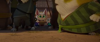 Movie still from “Paws of Fury: The Legend of Hank” (2022), directed by Chris Bailey – A group of people standing next to each other on the ground; Wide shot, High angle