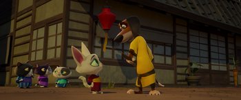 Movie still from “Paws of Fury: The Legend of Hank” (2022), directed by Chris Bailey – Two animated characters one of which is a dog and the other is a cat; Wide shot, Over the shoulder angle
