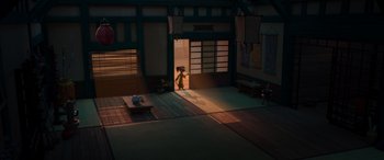 Movie still from “Paws of Fury: The Legend of Hank” (2022), directed by Chris Bailey – An animated scene of a person standing in front of an open door; Extreme Wide shot, High angle
