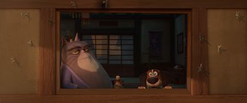 Movie still from “Paws of Fury: The Legend of Hank” (2022), directed by Chris Bailey – A dog and a cat in front of an oriental screen; Medium shot, Low angle