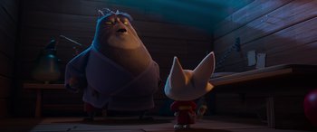 Movie still from “Paws of Fury: The Legend of Hank” (2022), directed by Chris Bailey – A couple of cats standing next to each other in a room; Medium shot, Over the shoulder angle