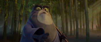 Movie still from “Paws of Fury: The Legend of Hank” (2022), directed by Chris Bailey – A cat with a stick in his hand; Close Up shot, Low angle