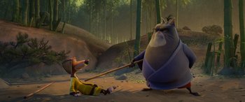 Movie still from “Paws of Fury: The Legend of Hank” (2022), directed by Chris Bailey – A couple of people that are in the dirt; Wide shot, Low angle