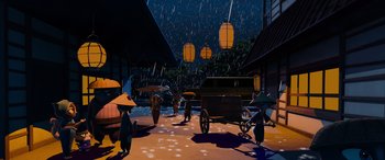 Movie still from “Paws of Fury: The Legend of Hank” (2022), directed by Chris Bailey – An illustration of a street scene at night with people walking around; Extreme Wide shot, High angle