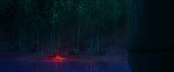 Movie still from “Paws of Fury: The Legend of Hank” (2022), directed by Chris Bailey – A group of people on a raft in a lake at night; Extreme Wide shot, High angle