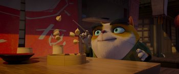 Movie still from “Paws of Fury: The Legend of Hank” (2022), directed by Chris Bailey – An animated cat is looking at a bowl of food; Close Up shot, Low angle